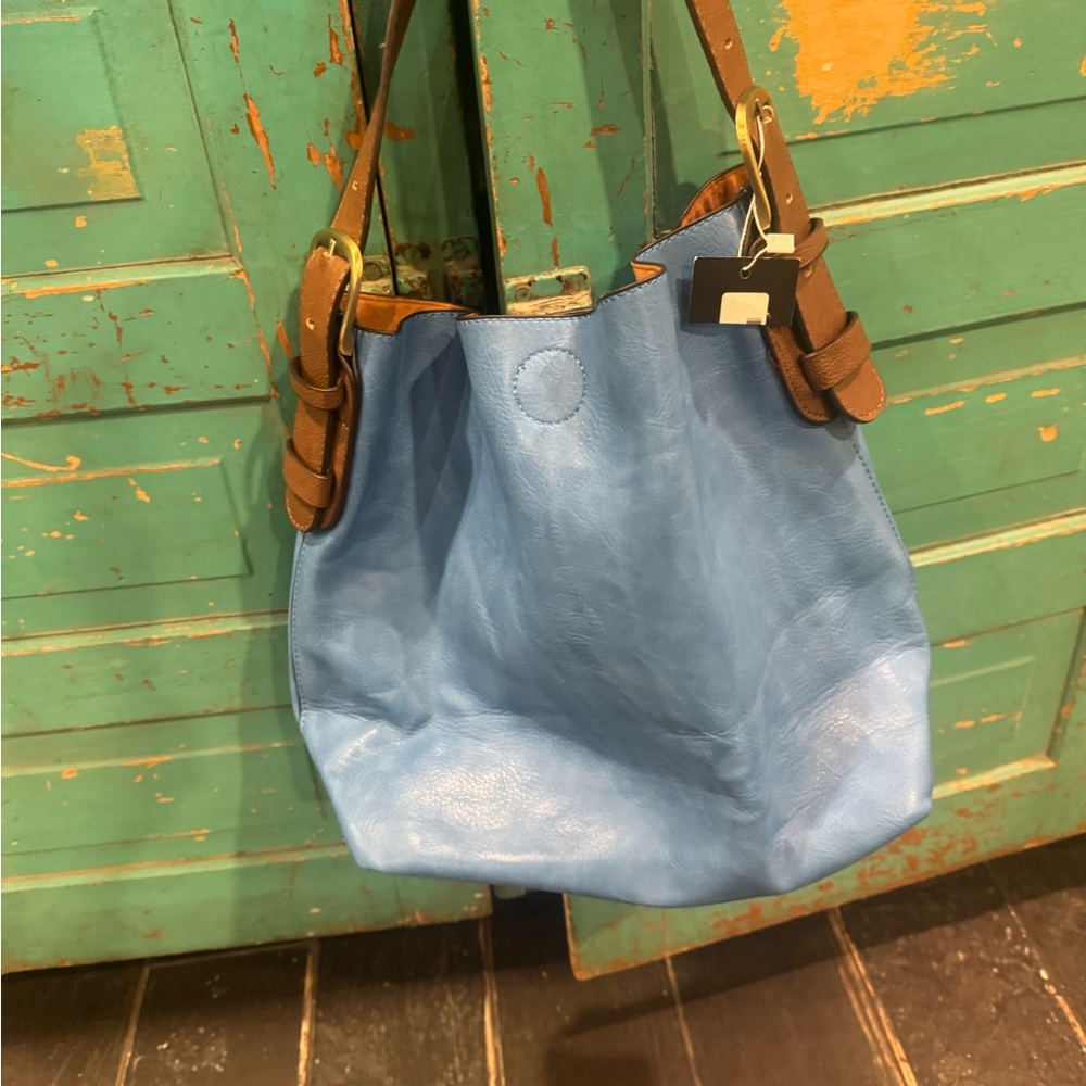 Vibrant Blue Women's Bag with adjustable brown strap! Super soft,Pocket in front
